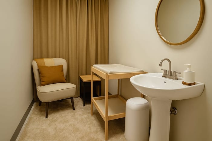 Nursing room with an armchair, changing table, and sink