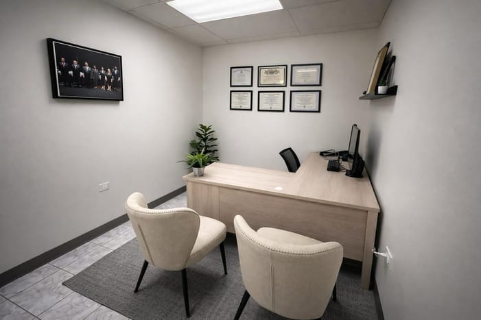 Consultation office with diplomas on the wall and two chairs facing the desk